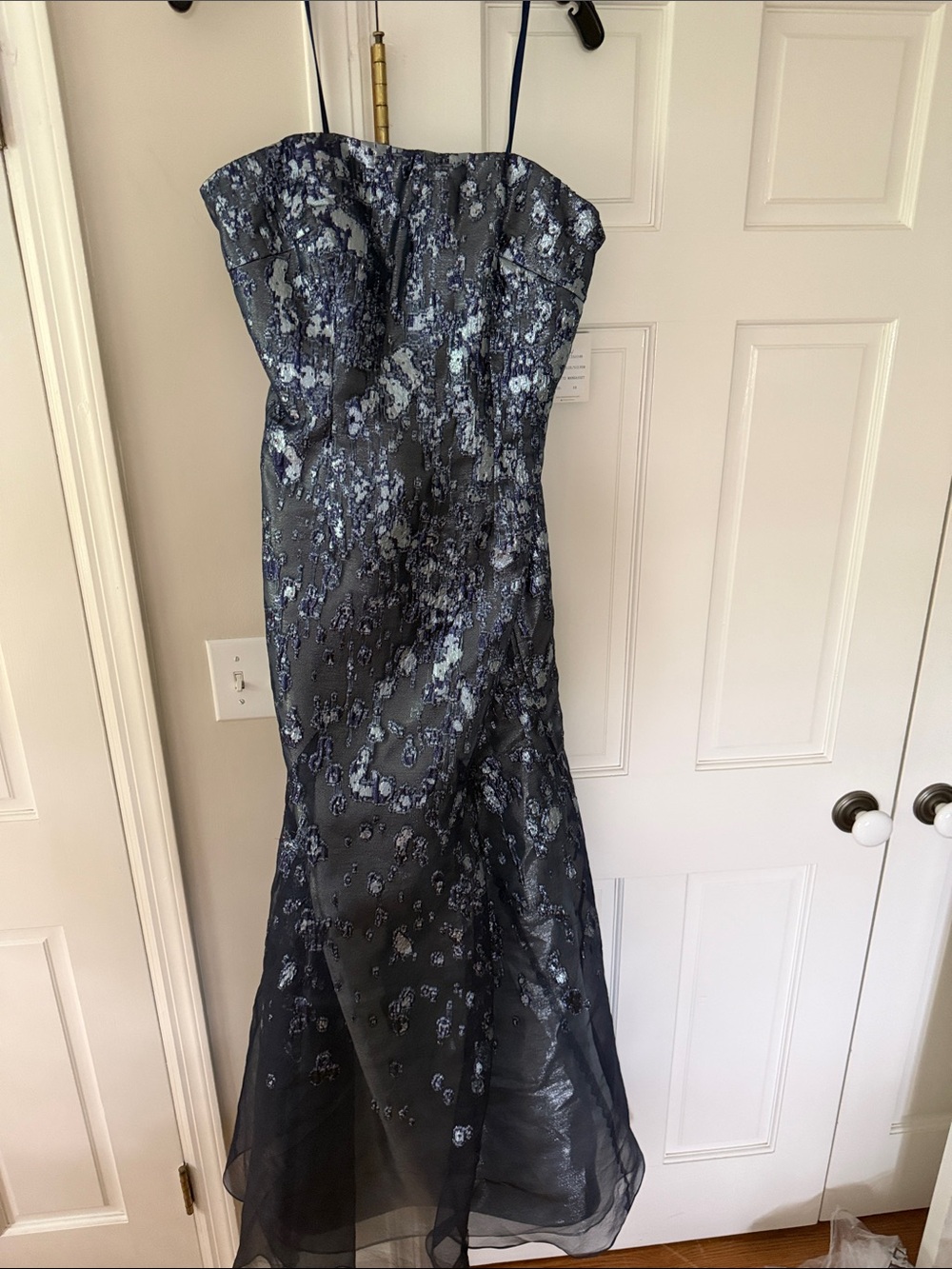 Rene Ruiz Strapless Navy and Silver Floral Brocade Gown